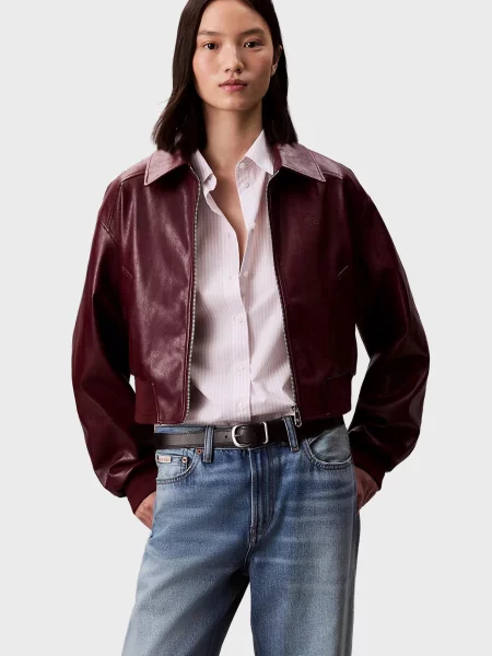 Шкіряна укорочена джинсова куртка Calvin Klein Jeans бордова