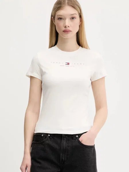 Тениска Tommy Jeans дамска бежово бяло