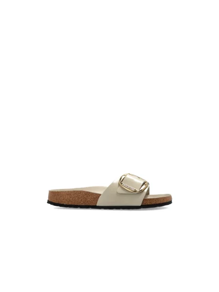 Klapki Birkenstock na sprzączkę na płaskim obcasie beżowe
