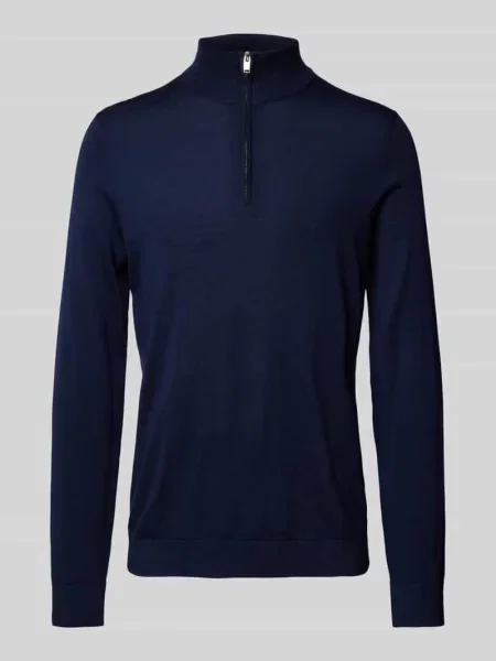 Sweter z dzianiny z wełny merino z zapinanym kołnierzem model ‘TRAY’ Selected Homme granatowy