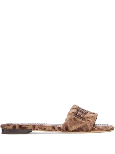 Sandale Fendi cu broderie de catifea fără toc maro