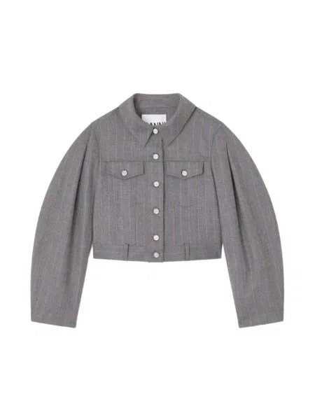 Kurtka Ganni w paski o krotszym kroju z bufiastymi rękawami szara