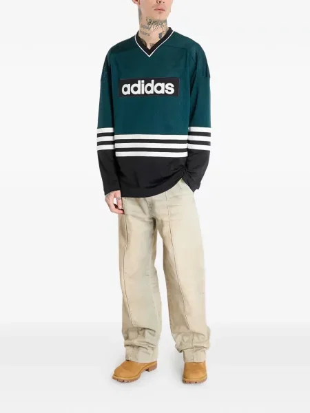 Pantaloni palazzo Adidas cu dungi cu decolteu în V negru