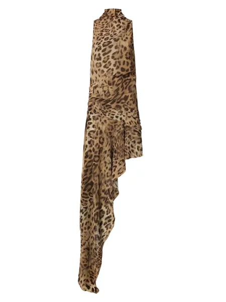 Rochie The Andamane cu imagine cu model leopard asimetrică maro