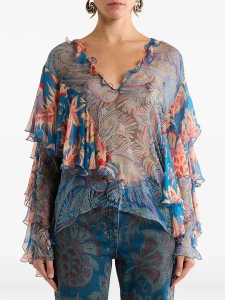 Bluză Etro cu model floral cu volane albastru