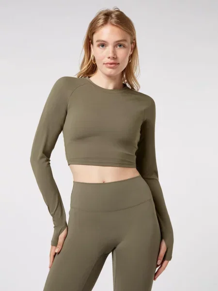 YO-GAYA Športový top Long Sleeve Crop Top olivová