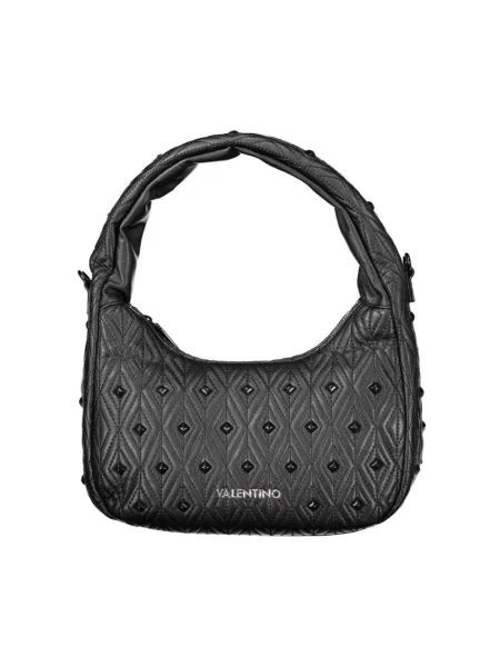 Lniana torebka hobo Valentino By Mario Valentino z ćwiekami pikowana czarna