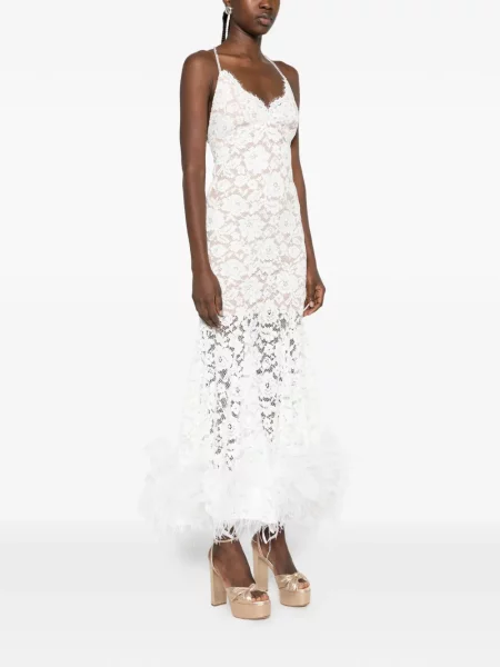 Rochie midi Self-portrait cu pene din dantelă alb