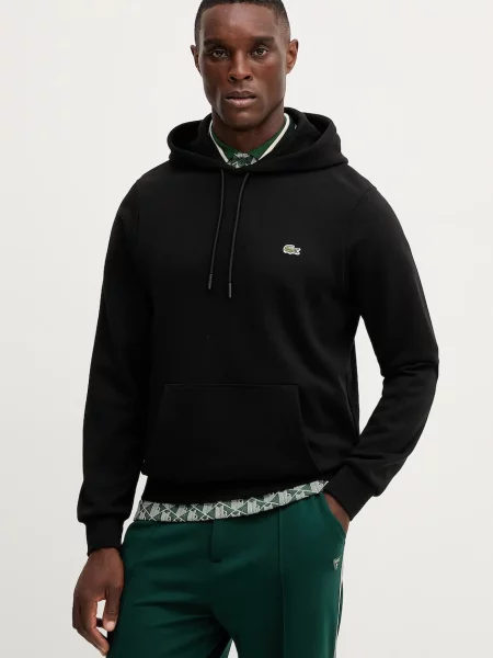 Bombažen pulover Lacoste s kapuco črna