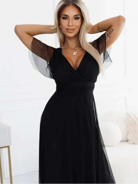 Rochie maxi Numoco cu mâneci scurte scurtă de costum negru
