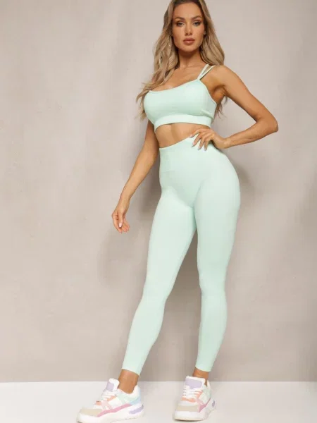 Miętowy Elastyczny Komplet Fitness Usztywniany Biustonosz i Legginsy z Gumką Orbinra