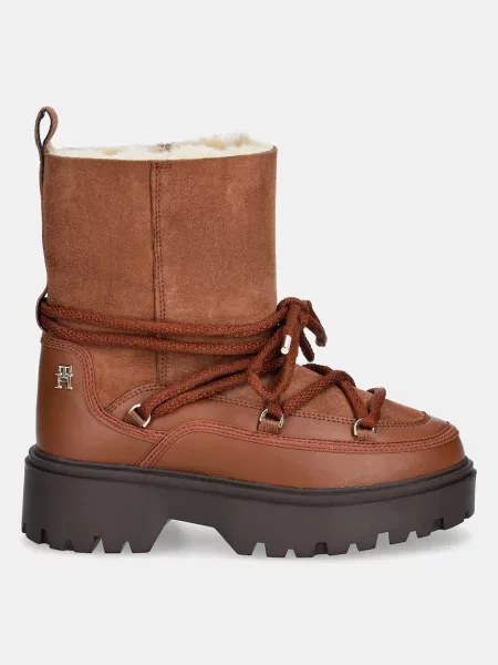 Tommy Hilfiger śniegowce REAL SHEARLING LACE-UP SNOWBOOT brązowy