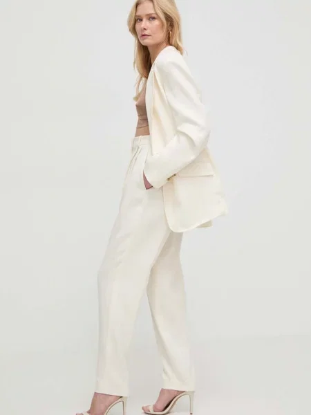 BOSS pantaloni din in drept high waist bej