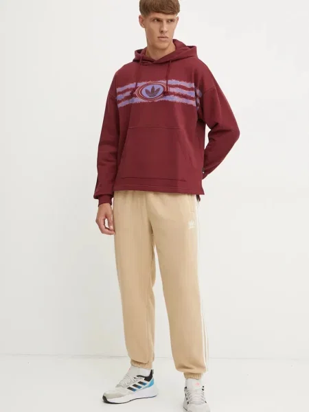 Bombažen pulover adidas Originals bordo s kapuco