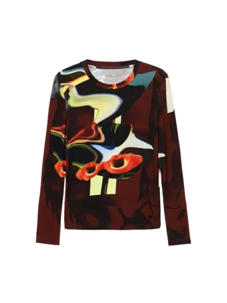 Lniany top Desigual w abstrakcyjne wzory brązowy