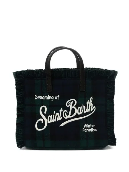 Geantă shopper Mc2 Saint Barth cu franjuri în carouri verde