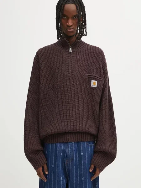 Sweter Carhartt Wip z zamkiem błyskawicznym do połowy z kapturem brązowy