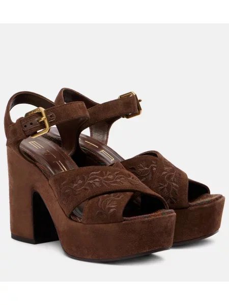 Sandali Etro z vezenjem iz semiša s cvetličnim vzorcem rjava