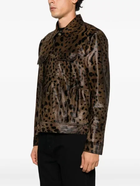 Geacă Salvatore Santoro cu imagine cu model leopard din piele de oaie maro