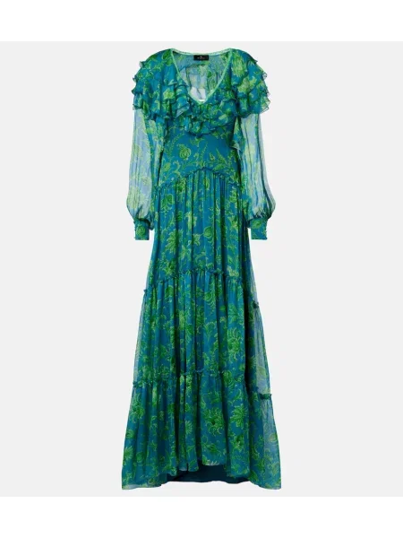 Rochie maxi Etro de mătase cu model floral cu volane albastru