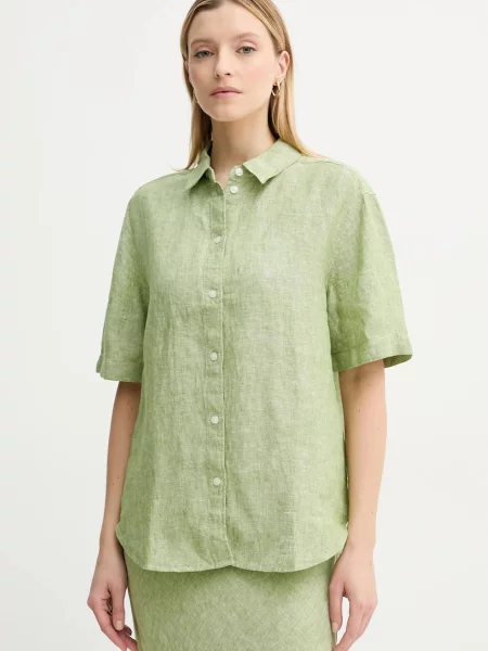 Samsoe Samsoe cămașă de in SALARIKAR cu guler clasic relaxed verde
