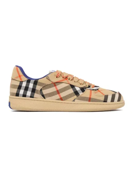 Sneakersy Burberry w kratę z nadrukiem skórzane beżowe