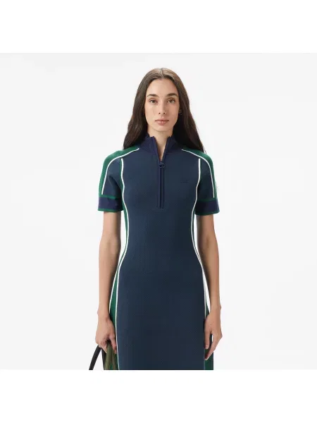Lacoste Sukienka Z Krótkim Rękawem Half Zip Z Blokadą Koloru Classic Fit granatowa