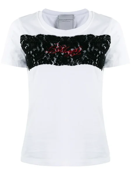 Tricou Philosophy Di Lorenzo Serafini cu broderie din dantelă alb