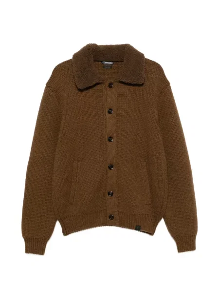 Gulerat cardigan Tom Ford din piele de oaie maro