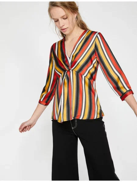 Bluzka Koton w paski z dekoltem w serek pomarańczowa