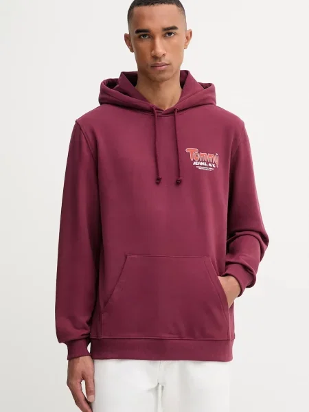 Bombažen pulover Tommy Jeans s kapuco bordo