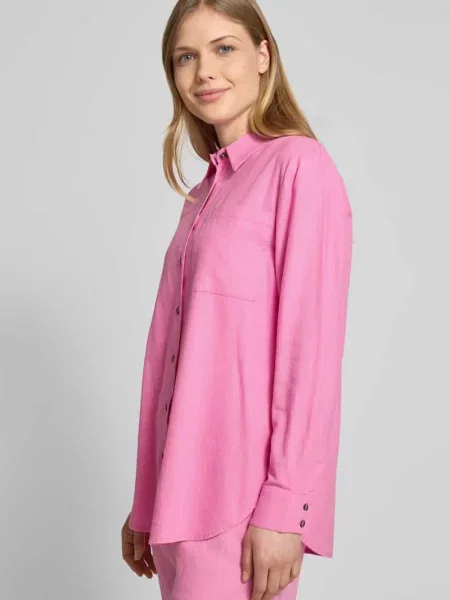 Bluzka lniana o kroju relaxed fit z kieszenią na piersi model ‘Lava’ Free/quent