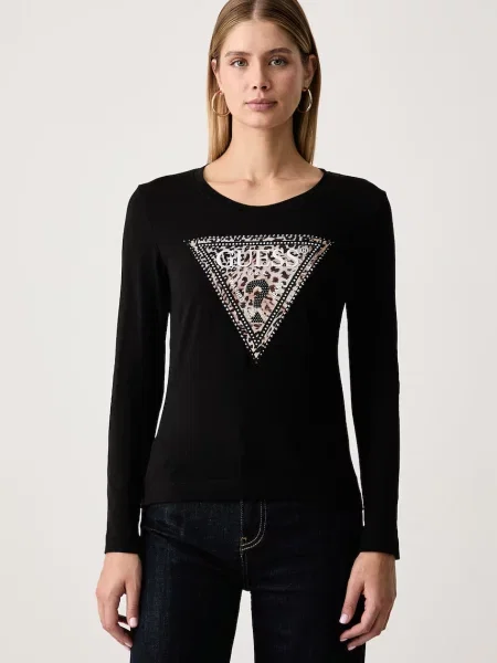 Tricou cu mânecă lungă Guess cu model leopard negru