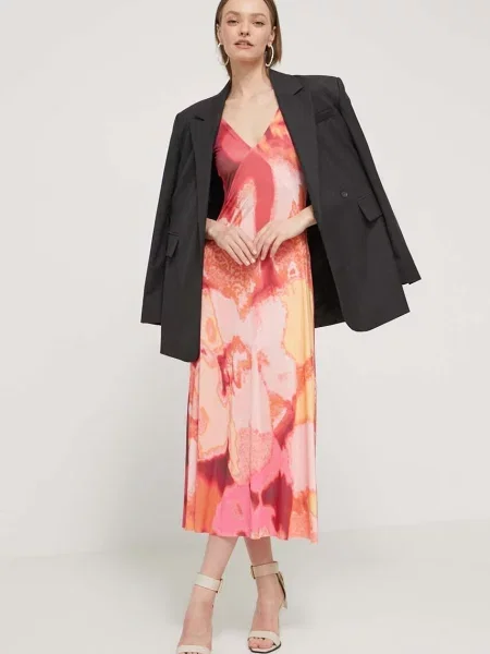 Desigual sukienka NEREA pomarańczowy maxi dopasowana różowa