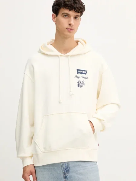 Bombažen pulover Levi's s kapuco bež