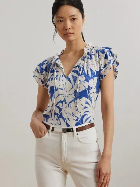 Lanena bluza Lauren Ralph Lauren za žene s uzorkom plava