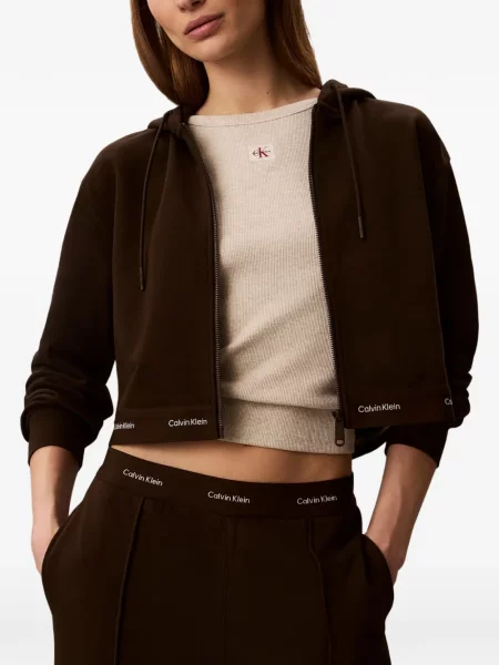 Decupat hanorac cu glugă Calvin Klein cu autograf maro