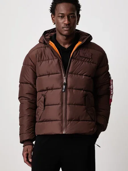 Alpha Industries χειμερινό μπουφάν ανδρικό Hooded Puffer Alpha Faux Down καφέ