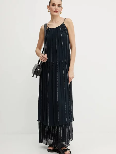 BOSS sukienka z domieszką jedwabiu granatowy maxi rozkloszowana