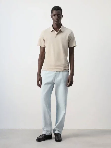 Koszulka polo slim fit z piki z mieszanki bawełny kość słoniowa Mężczyzna M MANGO MAN