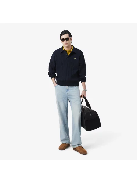 Lacoste Sweter Z Kołnierzykiem Polo I Wykonany We Francji granatowy