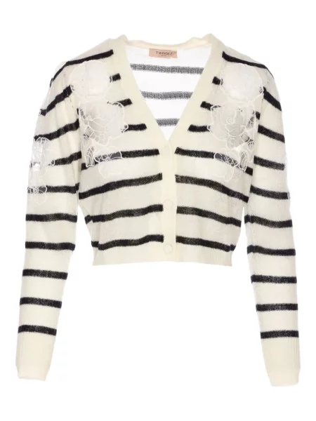 Cardigan Twinset cu dungi din dantelă alb