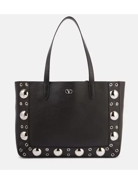 Usnjena shopper torbica Valentino Garavani z žeblji črna