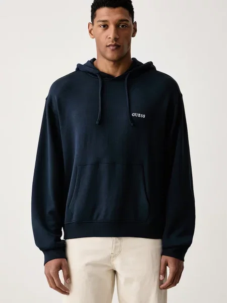Guess bluza z kapturem z wiskozą MARLON granatowa