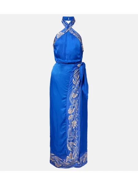 Rochie midi Poupette St Barth din satin cu model floral cu gât halter albastru