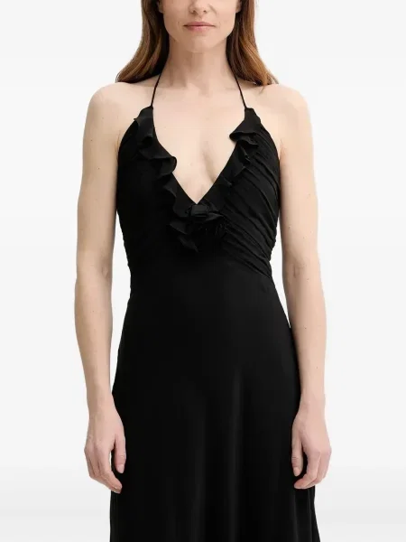 Rochie maxi The Kooples cu decolteu în V cu volane de costum negru