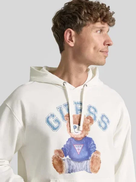 Bluza z kapturem z nadrukiem z logo i kieszenią kangurka Guess biała