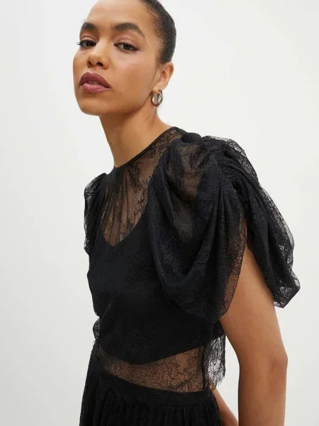 Bluză Rotate din dantelă cu mâneci bufante negru