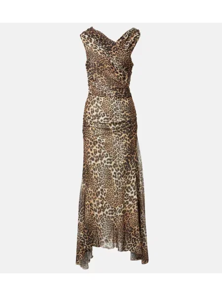 Sukienka maxi Ganni z nadrukiem w panterkę z siateczką