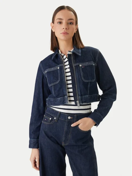 Tommy Jeans Džínsová bunda Tmavomodrá Straight Fit modrá